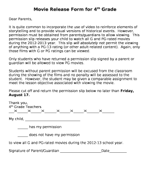 Movie Release Form for 4th Grade