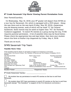 8th Grade Savannah Trip Movie Viewing Parent Permission Form