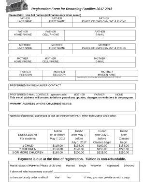 Registration Form for Returning Families 2017-2018