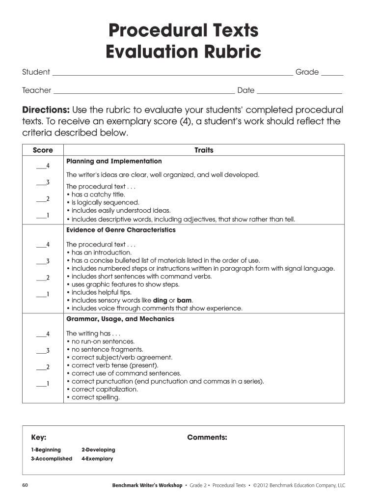 Fillable Online Procedural Texts Evaluation Rubric - Benchmark Writer's