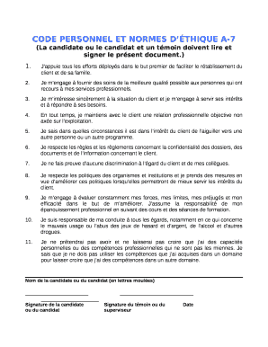 Remplissable CODE PERSONNEL ET NORMES DTHIQUE A-7