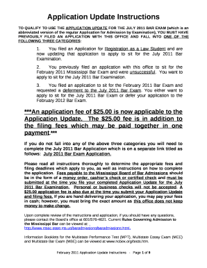 TO QUALIFY TO USE THE APPLICATION UPDATE FOR THE JULY 2011 BAR EXAM (which is an abbreviated version of the regular Application for Admission by Examination), YOU MUST HAVE PREVIOUSLY FILED AN APPLICATION WITH THIS OFFICE AND FALL INTO ONE