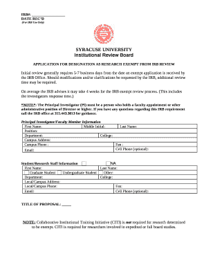 APPLICATION FOR DESIGNATION AS RESEARCH EXEMPT FROM IRB REVIEW