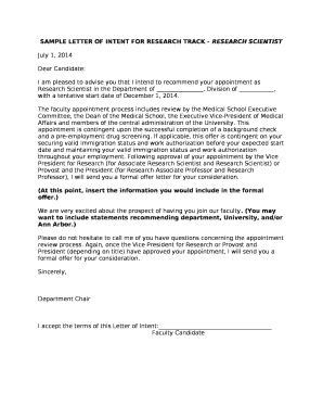 SAMPLE LETTER OF INTENT FOR RESEARCH TRACK RESEARCH SCIENTIST