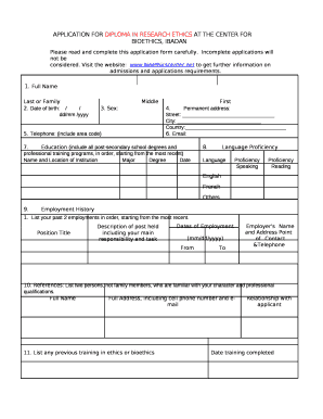 APPLICATION FOR DIPLOMA IN RESEARCH ETHICS AT THE CENTER FOR