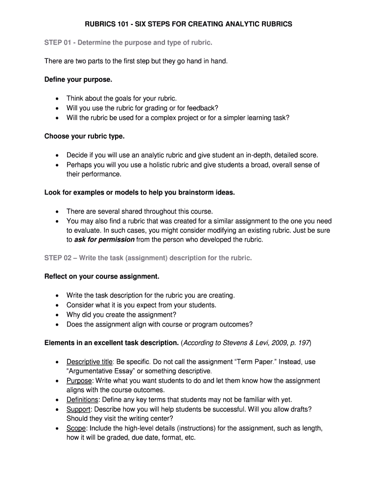 Fillable Online RUBRICS 101 - SIX STEPS FOR CREATING ANALYTIC RUBRICS ...