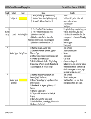 Middle School Book and Supply ListSacred Heart Tutorial 2010-2011
