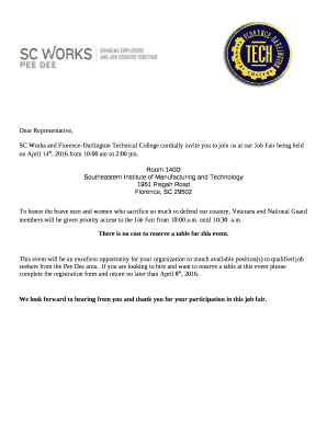 SC Works and Florence-Darlington Technical College cordially invite you to join us at our Job Fair being held on April 14th, 2016 from 10:00 am to 2:00 pm