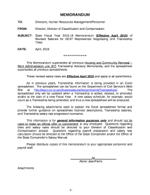 SUBJECT:State Fiscal Year 2015-16 Memorandum (Effective April 2015) of Revised Salaries for DC37 Represented Negotiating Unit Traineeship Titles