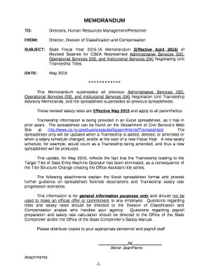 SUBJECT:State Fiscal Year 2015-16 Memorandum (Effective April 2015) of Revised Salaries for CSEA Represented Administrative Services (02), Operational Services (03), and Institutional Services (04) Negotiating Unit Traineeship Titles