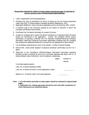 Documents required for listing of equity shares issued pursuantto exercise of options granted under ESPS/ESOS/SARS/GEBS/RBS