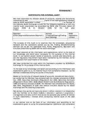 , (name of the trading/clearing member) bearing SEBI registration number ) a member of the Calcutta Stock Exchange Limited for the following segments to fulfill the internal audit requirement as prescribed by SEBI vide Circulars dated 22