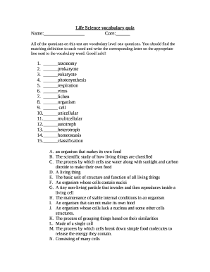 Life Science vocabulary quiz
