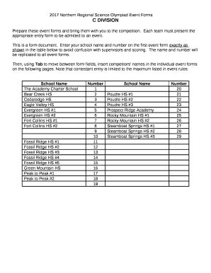 2017 Northern Regional Science Olympiad Event Forms