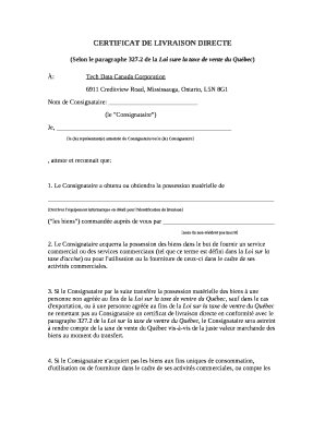 CERTIFICAT DE LIVRAISON DIRECTE