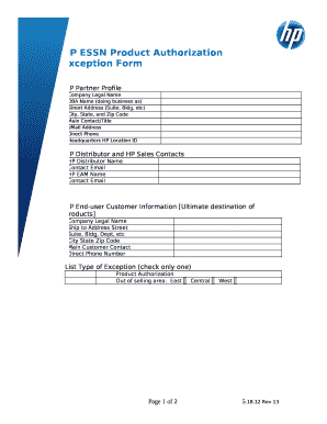 HP ESSN Product Authorization Exception Form