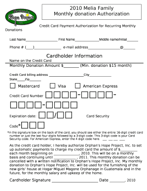 Credit Card Payment Authorization for Recurring Monthly Donations