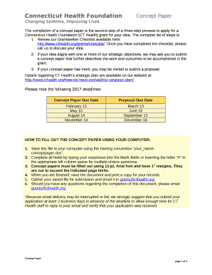 The completion of a concept paper is the second step of a three-step process to apply for a Connecticut Health Foundation (CT Health) grant for your idea
