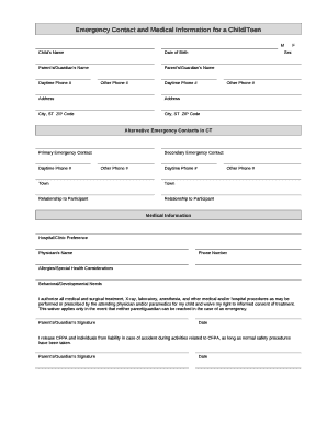 Emergency Contact and Medical Information for a Child/Teen