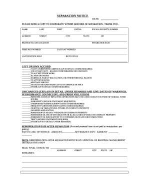PLEASE SEND A COPY TO CORPORATE WITHIN 24 HOURS OF SEPARATION
