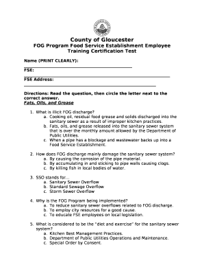 FOG Program Food Service Establishment Employee Training Certification Test