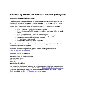 Completed application packets must be submitted electronically (preferred) or by mail to the National Council for Behavioral Health by 5:00 pm ET on Friday, July 19th, 2013