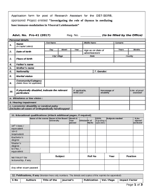 Application form for post of Research Assistant for the DST-SERB, sponsored Project entitled Investigating the role of thymus in mediating host immune-modulation in Visceral Leishmaniasis