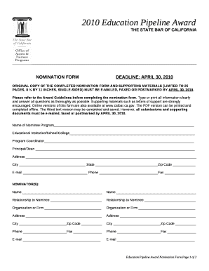 ORIGINAL COPY OF THE COMPLETED NOMINATION FORM AND SUPPORTING MATERIALS (LIMITED TO 25 PAGES, 8 BY 11 INCHES, SINGLE-SIDED) MUST BE E-MAILED, FAXED OR POSTMARKED BY APRIL 30, 2010
