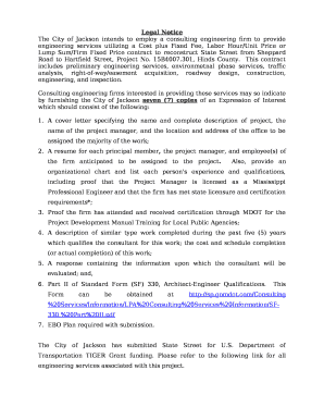 The City of Jackson intends to employ a consulting engineering firm to provide engineering services utilizing a Cost plus Fixed Fee, Labor Hour/Unit Price or Lump Sum/Firm Fixed Price contract to reconstruct State Street from Sheppard Road