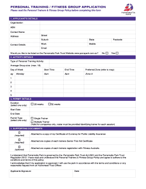 PERSONAL TRAINING / FITNESS GROUP APPLICATION