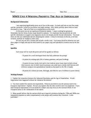 MWH Unit 4 Writing Prompts: The Age of Imperialism