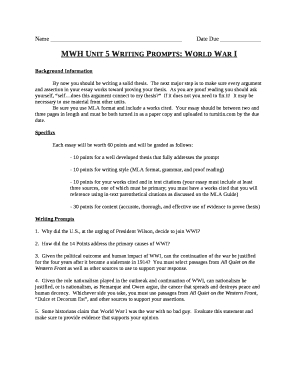 MWH Unit 5 Writing Prompts: World War I