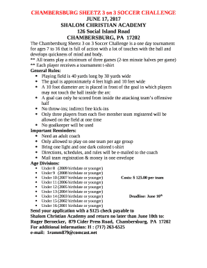 The Chambersburg Sheetz 3 on 3 Soccer Challenge is a one day tournament for ages 7 to 16 that is full of action with a lot of touches with the ball and develops quickness of mind and body