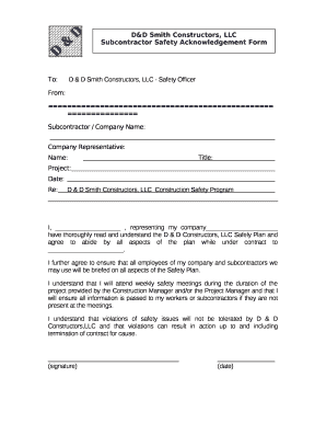 To: D & D Smith Constructors, LLC - Safety Officer