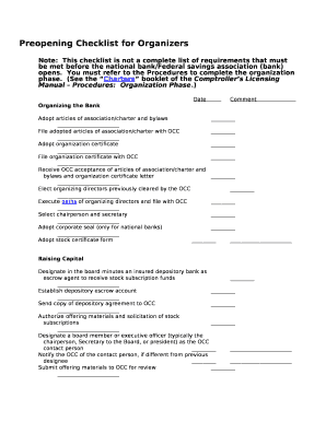 Note:This checklist is not a complete list of requirements that must be met before the national bank/Federal savings association (bank) opens