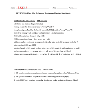 REVIEW Unit 4 Test (Chp 4): Aqueous Reactions and Solution Stoichiometry