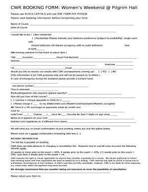 CWR BOOKING FORM: Womens Weekend Pilgrim Hall