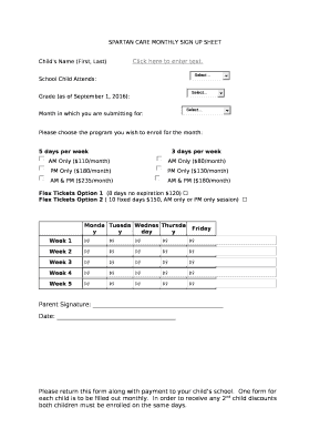 SPARTAN CARE MONTHLY SIGN UP SHEET