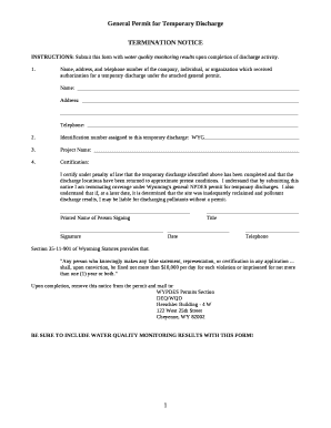 INSTRUCTIONS: Submit this form with water quality monitoring results upon completion of discharge activity