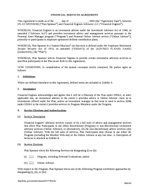 This Agreement is made as of the day of , 2005 (the Agreement Date), between PLAN SPONSOR (Plan Sponsor) and Financial Engines Advisors LLC (Financial Engines)