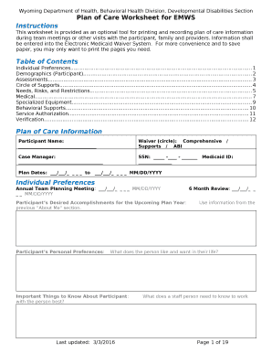 This worksheet is provided as an optional tool for printing and recording plan of care information during team meetings or other visits with the participant, family and providers