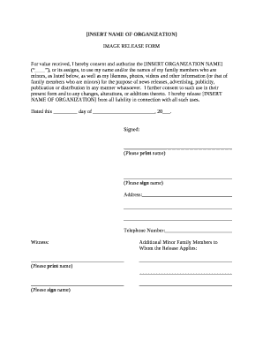 For value received, I hereby consent and authorize the INSERT ORGANIZATION NAME (), or its assigns, to use my name and/or the names of my family members who are minors, as listed below, as well as my likeness, photos, videos and other