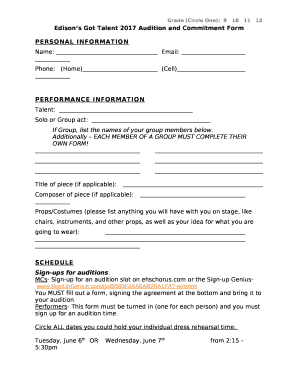 Edisons Got Talent 2017 Audition and Commitment Form