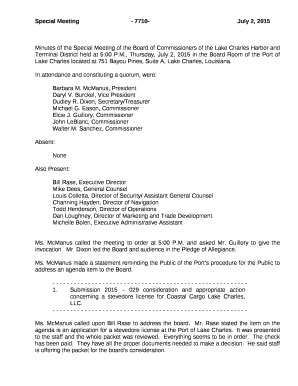 , Thursday, July 2, 2015 in the Board Room of the Port of Lake Charles located at 751 Bayou Pines, Suite A, Lake Charles, Louisiana