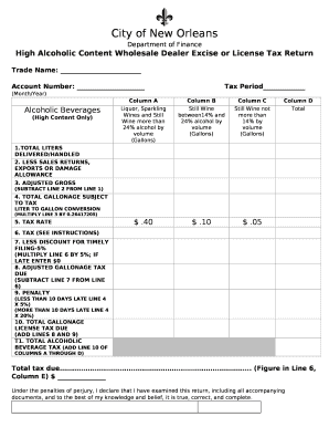 High Alcoholic Content Wholesale Dealer Excise or License Tax Return