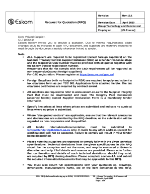 ALL Suppliers are required to be registered (except foreign suppliers) on the National Treasury Central Supplier Database (CSD) as at tender response stage and the respective CSD number must be provided with all quotes together with the