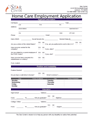 Home Care Employment Application Doc Template pdfFiller
