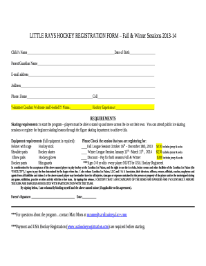 LITTLE RAYS HOCKEY REGISTRATION FORM Fall & Winter Sessions 2013-14
