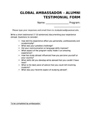 GLOBAL AMBASSADOR ALUMNI TESTIMONIAL FORM