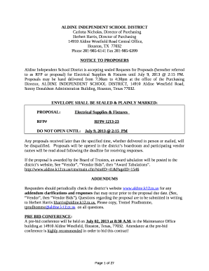 Aldine Independent School District is accepting sealed Requests for Proposals (hereafter referred to as RFP or proposal) for Electrical Supplies & Fixtures until July 9, 2013 2:15 PM